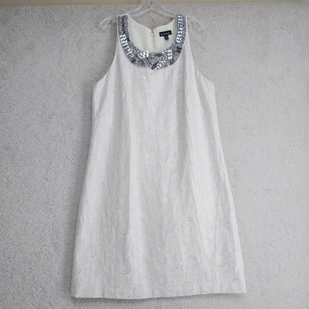 Le Chateau Dress Womens L Beaded Embellished Jewel Neck Shift Ivory Formal